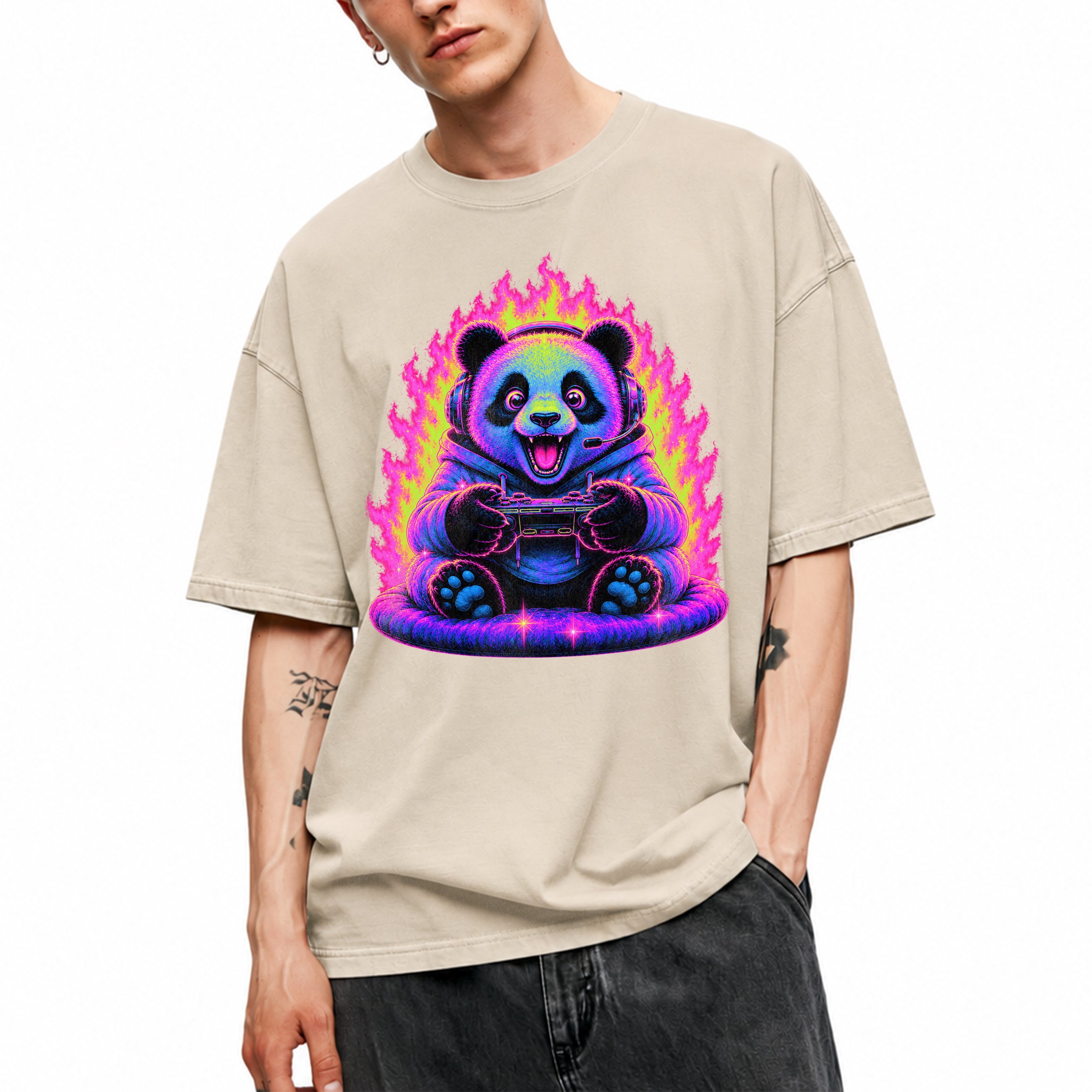 SF_COLOR=sand; SF_ITEM=adult-t-shirt; SF_ROLE=gallery; Synthwave Gamer Panda T-Shirt Cyberpunk Fire Video Game Controller Anime Apparel - Sand Adult T-Shirt product image