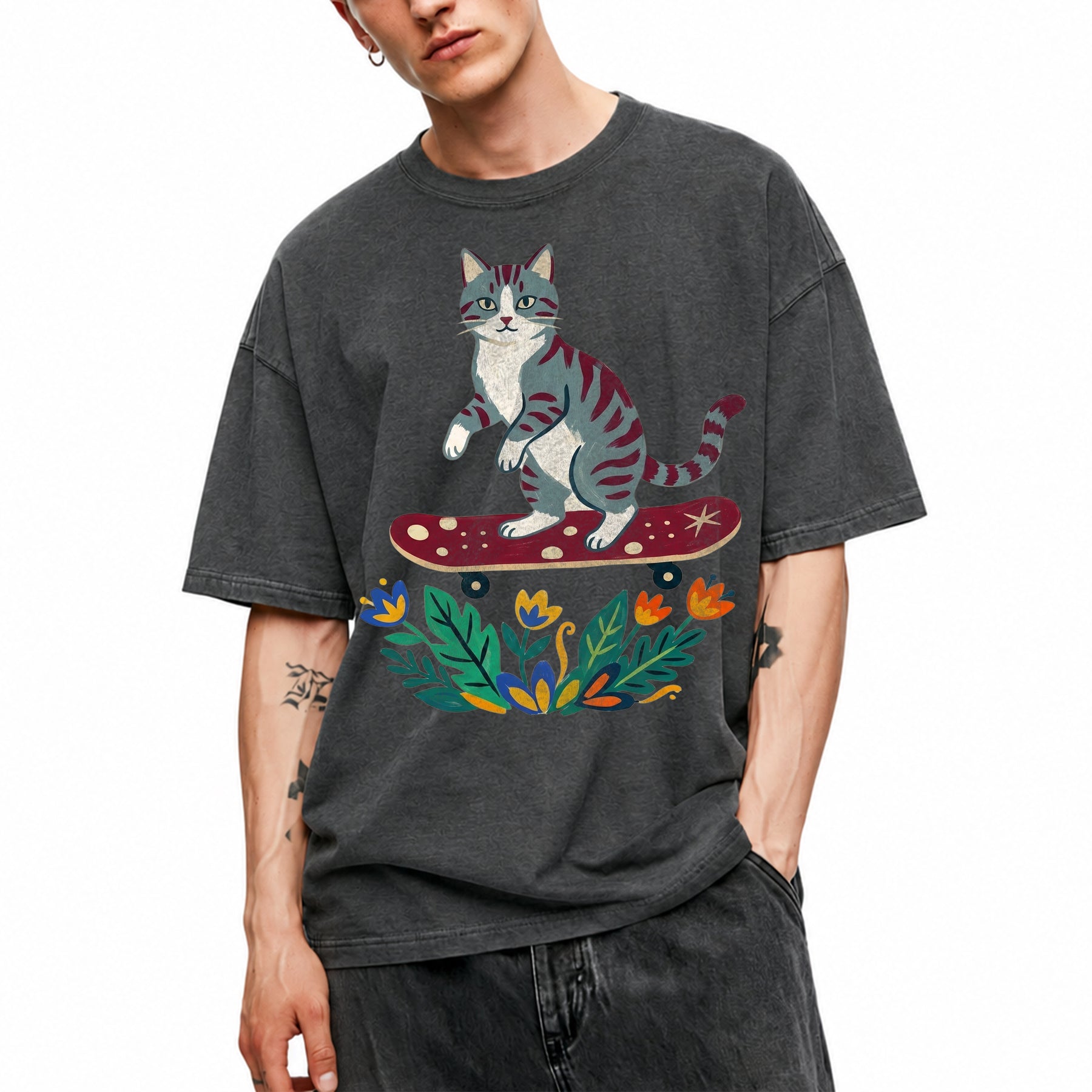 SF_COLOR=dark-heather; SF_ITEM=adult-t-shirt; SF_ROLE=main; Tabby Cat Skateboard Flowers Nature Garden T-Shirt Skater Kitty Floral Cute Tee - Dark Heather Adult T-Shirt product image