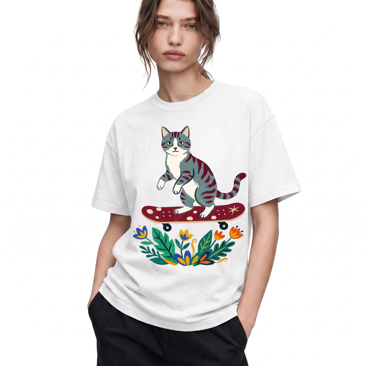 SF_COLOR=white; SF_ITEM=adult-t-shirt; SF_ROLE=gallery; Tabby Cat Skateboard Flowers Nature Garden T-Shirt Skater Kitty Floral Cute Tee - White Adult T-Shirt product image