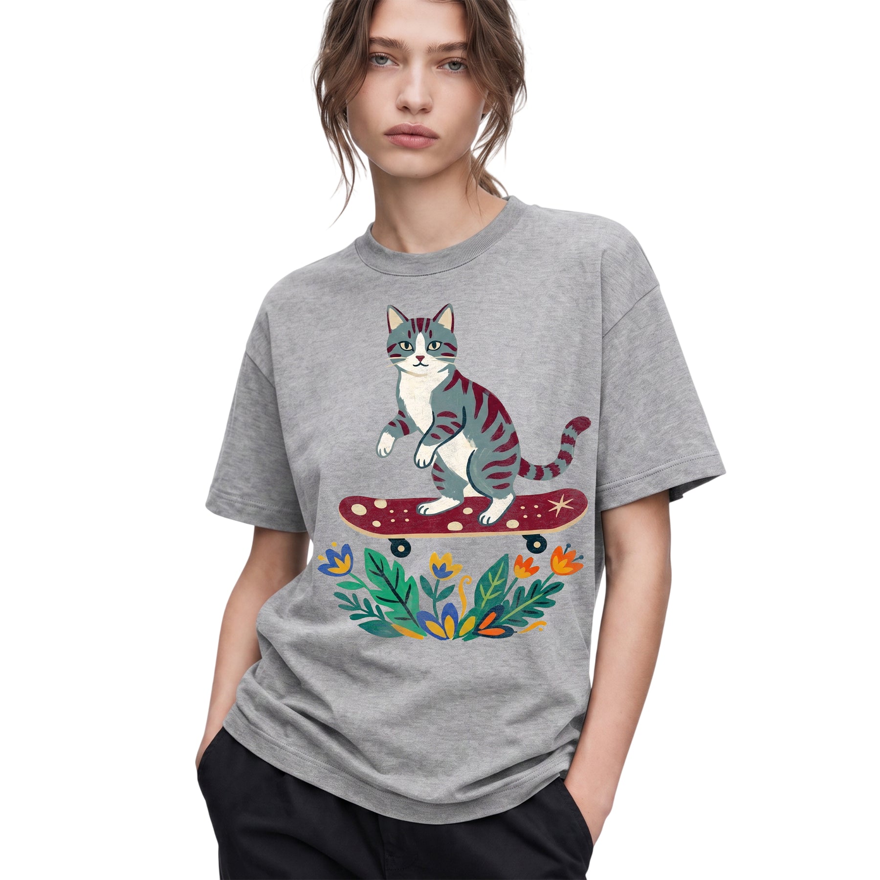 SF_COLOR=sport-grey; SF_ITEM=adult-t-shirt; SF_ROLE=gallery; Tabby Cat Skateboard Flowers Nature Garden T-Shirt Skater Kitty Floral Cute Tee - Sport Grey Adult T-Shirt product image