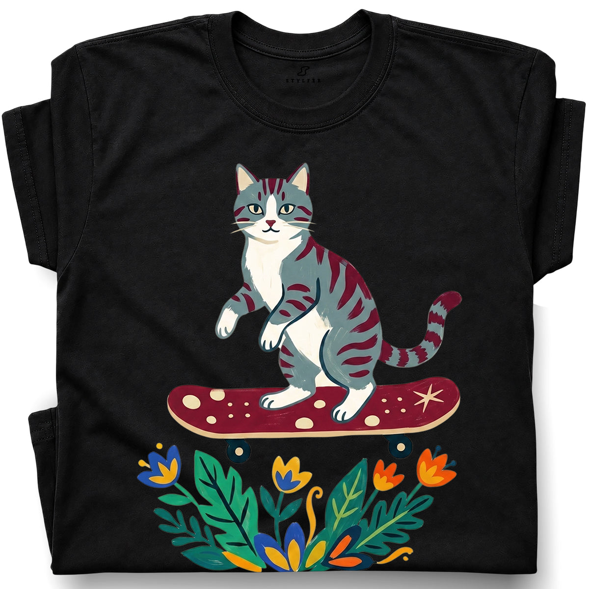 SF_COLOR=black; SF_ITEM=adult-t-shirt; SF_ROLE=gallery; Tabby Cat Skateboard Flowers Nature Garden T-Shirt Skater Kitty Floral Cute Tee - Black Adult T-Shirt product image