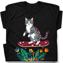 SF_COLOR=black; SF_ITEM=adult-t-shirt; SF_ROLE=gallery; Tabby Cat Skateboard Flowers Nature Garden T-Shirt Skater Kitty Floral Cute Tee - Black Adult T-Shirt product image