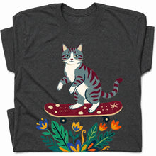 SF_COLOR=dark-heather; SF_ITEM=adult-t-shirt; SF_ROLE=gallery; Tabby Cat Skateboard Flowers Nature Garden T-Shirt Skater Kitty Floral Cute Tee - Dark Heather Adult T-Shirt product image