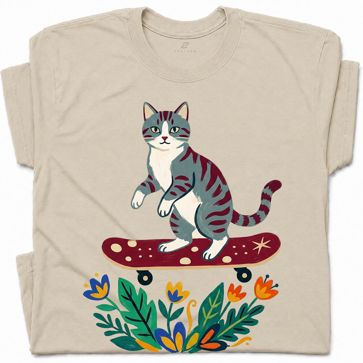 SF_COLOR=sand; SF_ITEM=adult-t-shirt; SF_ROLE=gallery; Tabby Cat Skateboard Flowers Nature Garden T-Shirt Skater Kitty Floral Cute Tee - Sand Adult T-Shirt product image