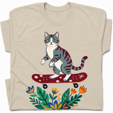 SF_COLOR=sand; SF_ITEM=adult-t-shirt; SF_ROLE=gallery; Tabby Cat Skateboard Flowers Nature Garden T-Shirt Skater Kitty Floral Cute Tee - Sand Adult T-Shirt product image