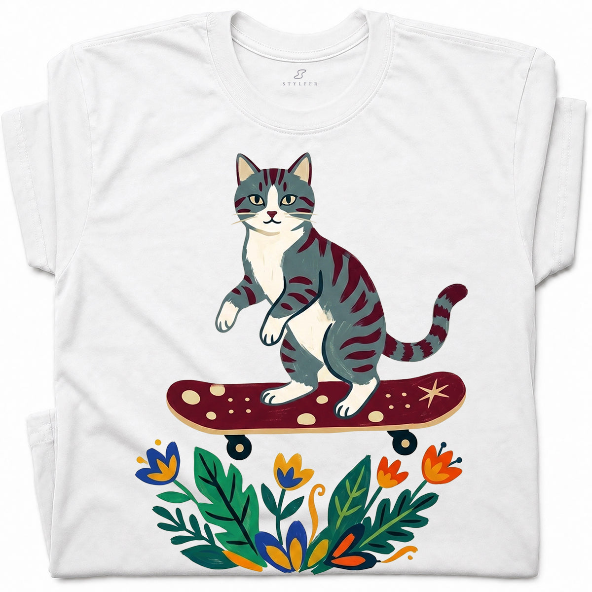 SF_COLOR=white; SF_ITEM=adult-t-shirt; SF_ROLE=gallery; Tabby Cat Skateboard Flowers Nature Garden T-Shirt Skater Kitty Floral Cute Tee - White Adult T-Shirt product image