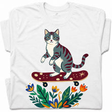 SF_COLOR=white; SF_ITEM=adult-t-shirt; SF_ROLE=gallery; Tabby Cat Skateboard Flowers Nature Garden T-Shirt Skater Kitty Floral Cute Tee - White Adult T-Shirt product image