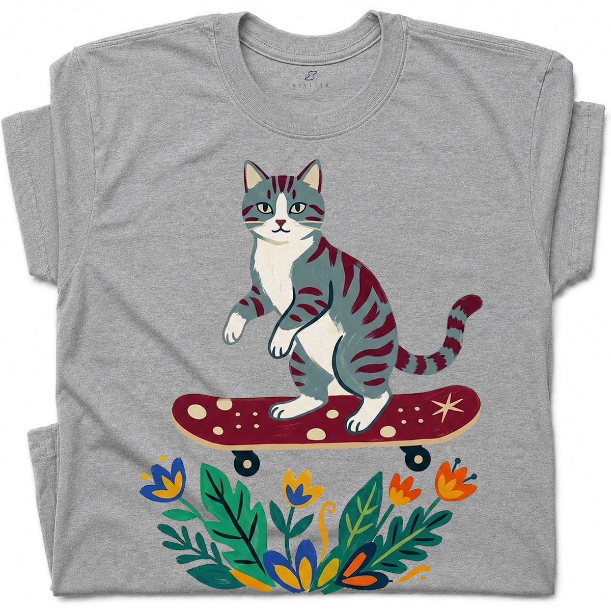 SF_COLOR=sport-grey; SF_ITEM=adult-t-shirt; SF_ROLE=gallery; Tabby Cat Skateboard Flowers Nature Garden T-Shirt Skater Kitty Floral Cute Tee - Sport Grey Adult T-Shirt product image
