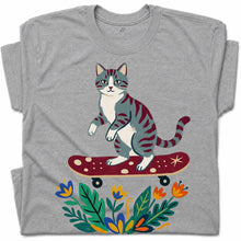SF_COLOR=sport-grey; SF_ITEM=adult-t-shirt; SF_ROLE=gallery; Tabby Cat Skateboard Flowers Nature Garden T-Shirt Skater Kitty Floral Cute Tee - Sport Grey Adult T-Shirt product image