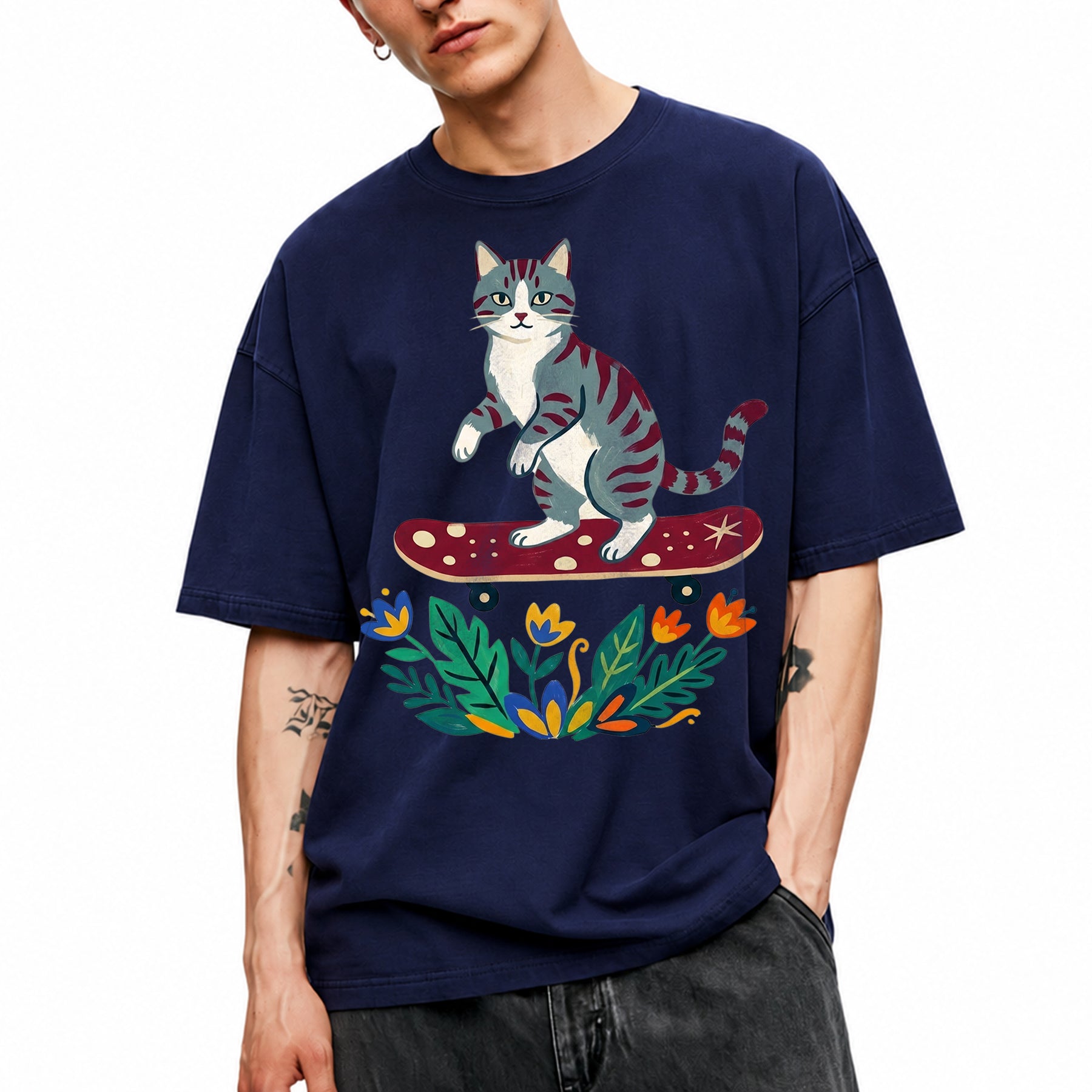 SF_COLOR=navy; SF_ITEM=adult-t-shirt; SF_ROLE=main; Tabby Cat Skateboard Flowers Nature Garden T-Shirt Skater Kitty Floral Cute Tee - Navy Adult T-Shirt product image