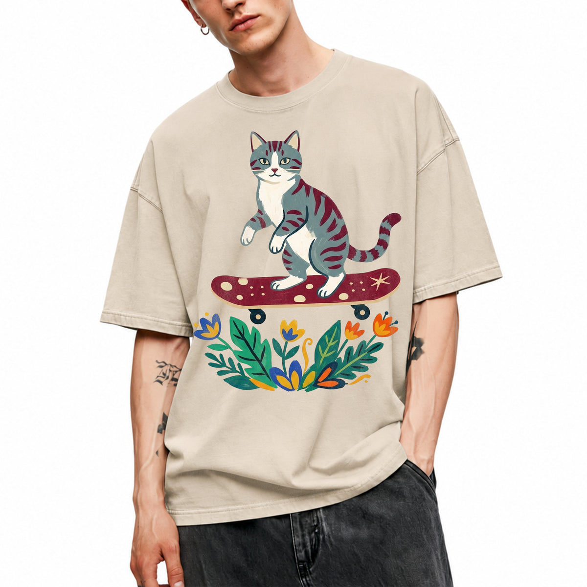 SF_COLOR=sand; SF_ITEM=adult-t-shirt; SF_ROLE=main; Tabby Cat Skateboard Flowers Nature Garden T-Shirt Skater Kitty Floral Cute Tee - Sand Adult T-Shirt product image