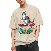 SF_COLOR=sand; SF_ITEM=adult-t-shirt; SF_ROLE=main; Tabby Cat Skateboard Flowers Nature Garden T-Shirt Skater Kitty Floral Cute Tee - Sand Adult T-Shirt product image