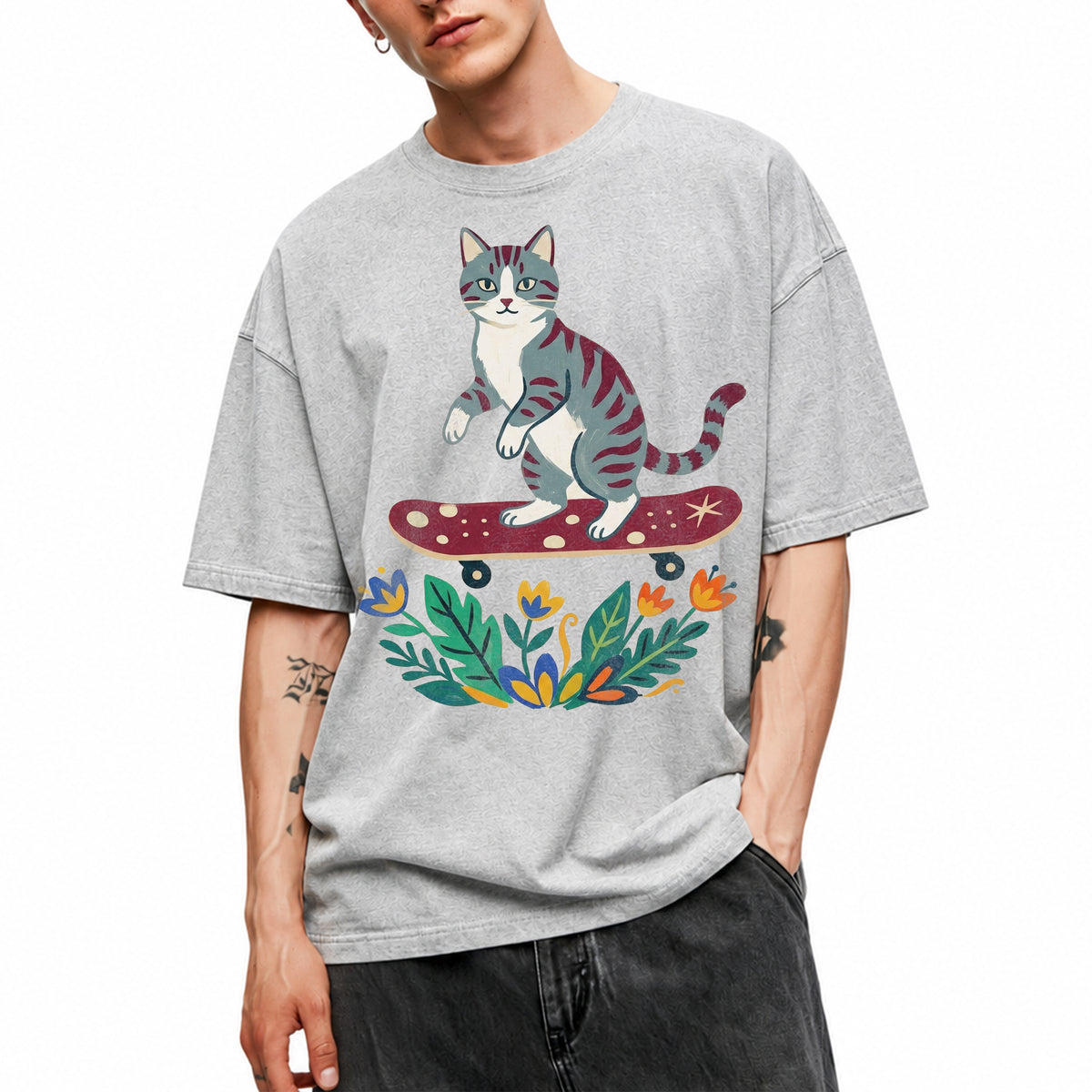 SF_COLOR=sport-grey; SF_ITEM=adult-t-shirt; SF_ROLE=main; Tabby Cat Skateboard Flowers Nature Garden T-Shirt Skater Kitty Floral Cute Tee - Sport Grey Adult T-Shirt product image
