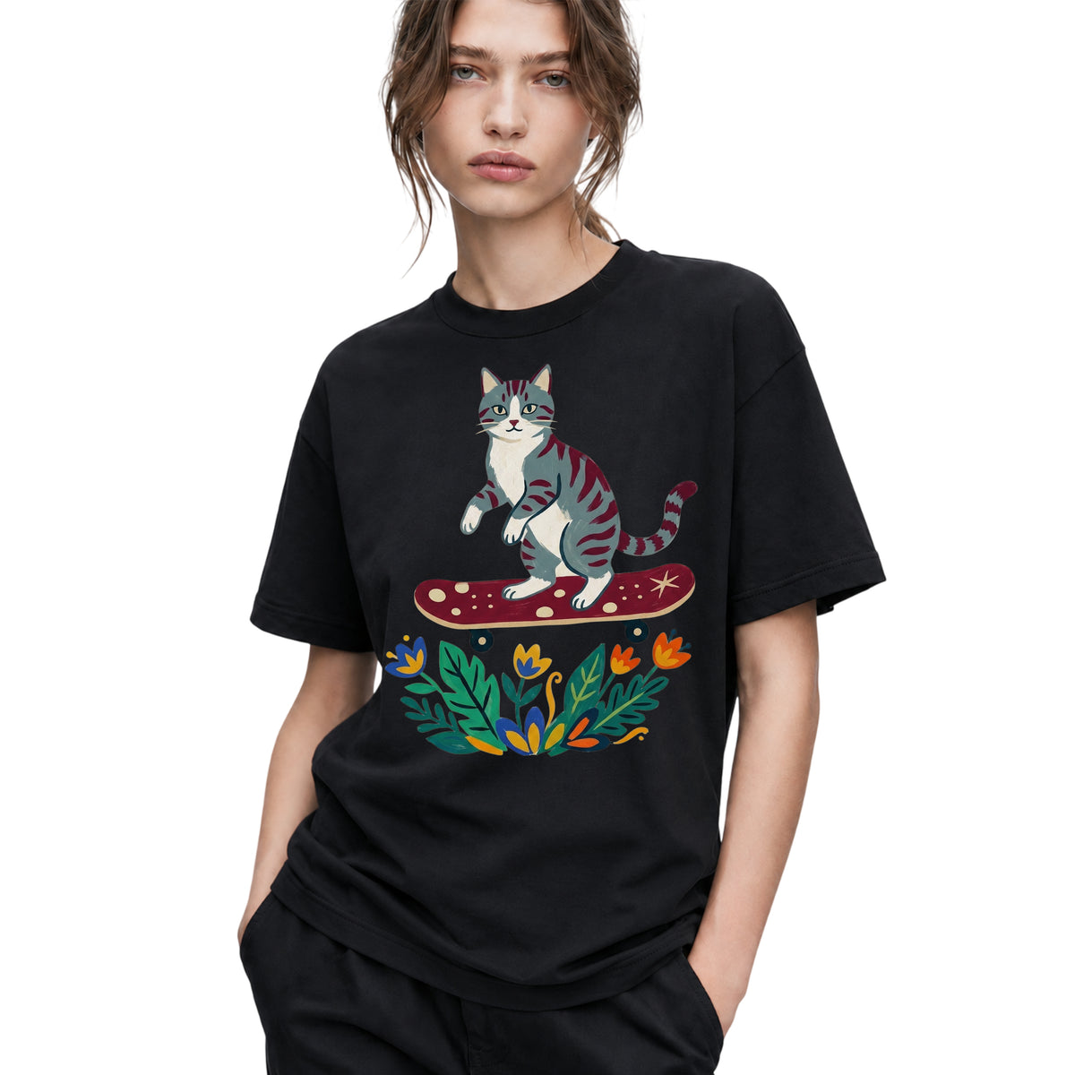 SF_COLOR=black; SF_ITEM=adult-t-shirt; SF_ROLE=gallery; Tabby Cat Skateboard Flowers Nature Garden T-Shirt Skater Kitty Floral Cute Tee - Black Adult T-Shirt product image
