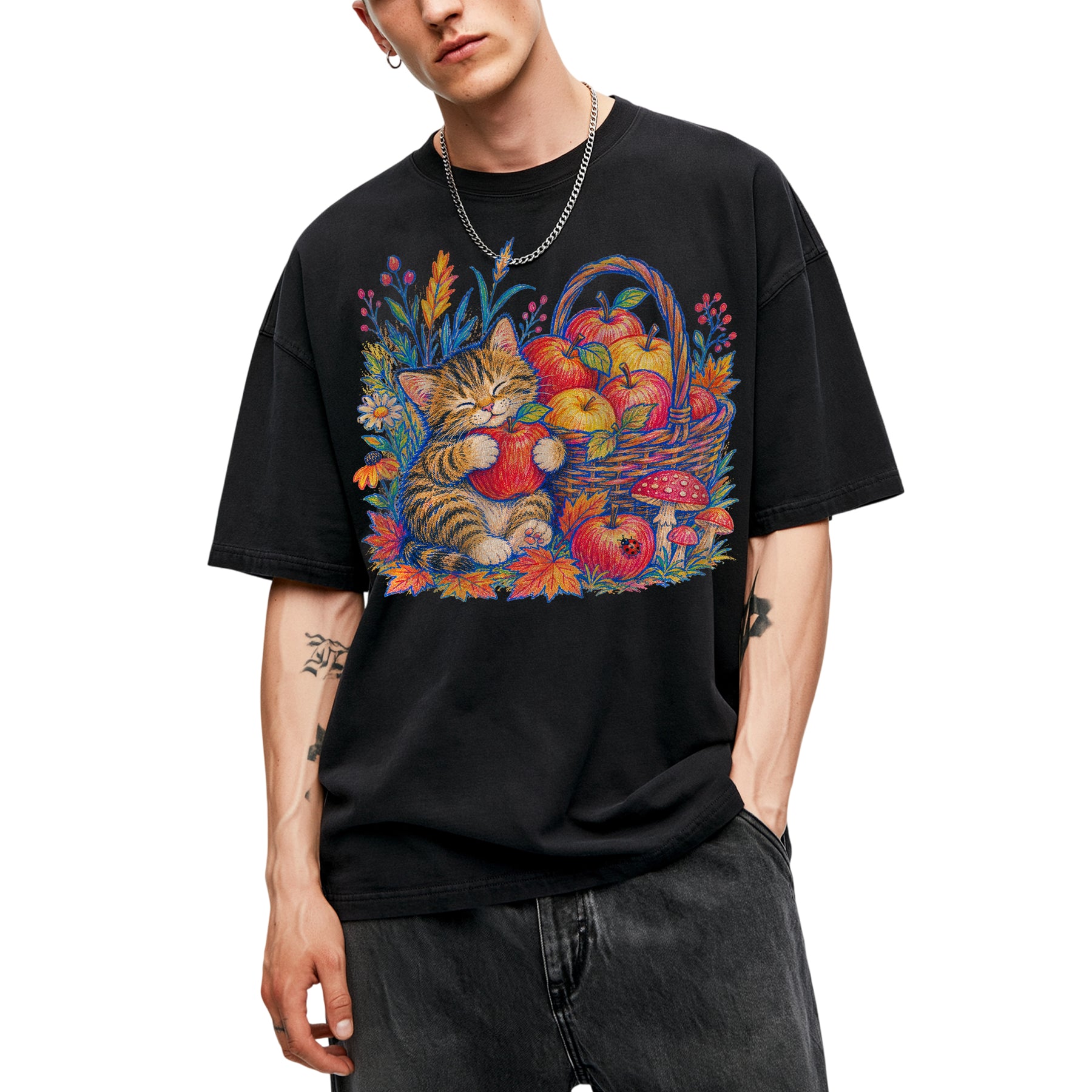 SF_COLOR=black; SF_ITEM=adult-t-shirt; SF_ROLE=main; Tabby Kitten Apple Basket Flowers T-Shirt Cozy Fall Cat Harvest Tee - Black Adult T-Shirt product image