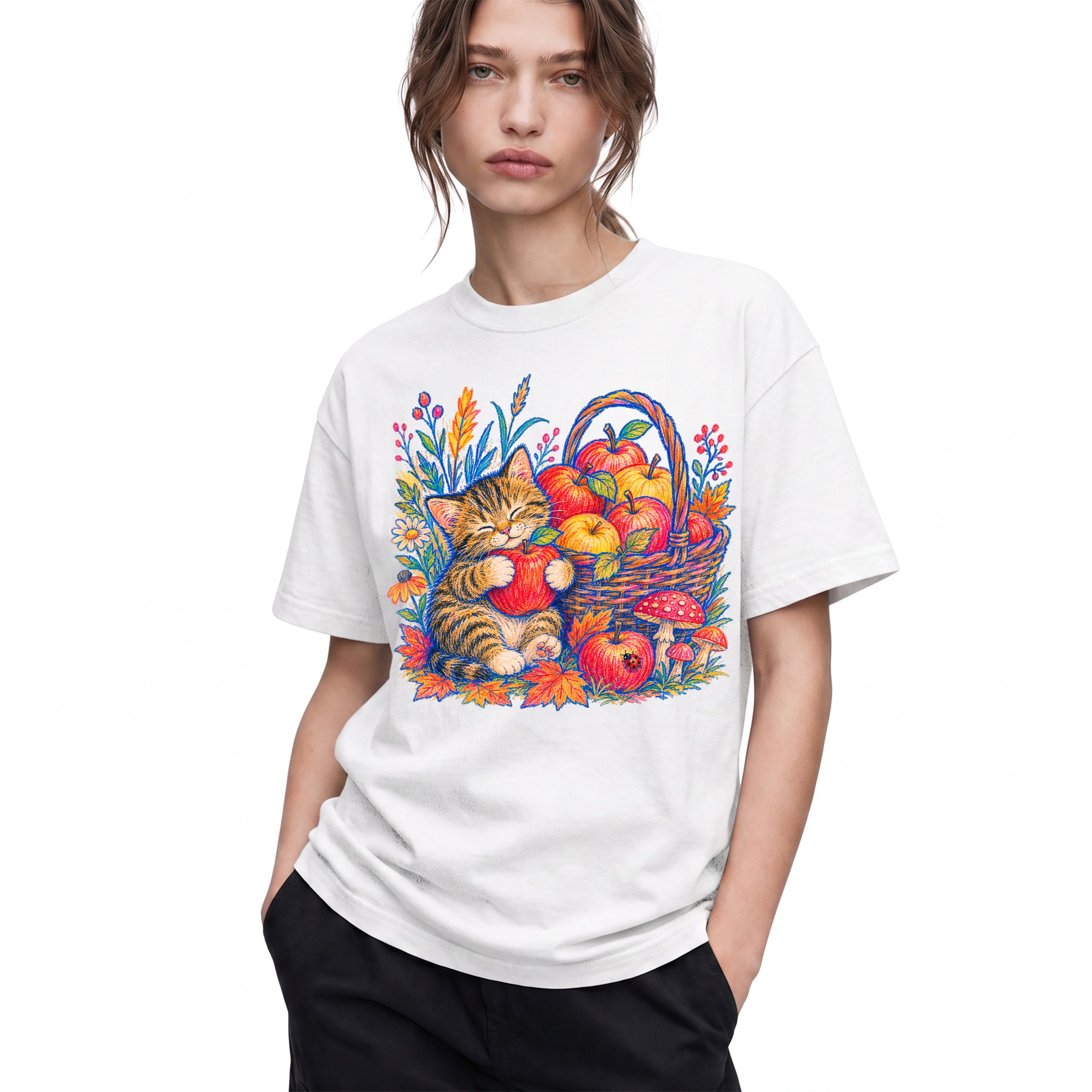 SF_COLOR=white; SF_ITEM=adult-t-shirt; SF_ROLE=gallery; Tabby Kitten Apple Basket Flowers T-Shirt Cozy Fall Cat Harvest Tee - White Adult T-Shirt product image
