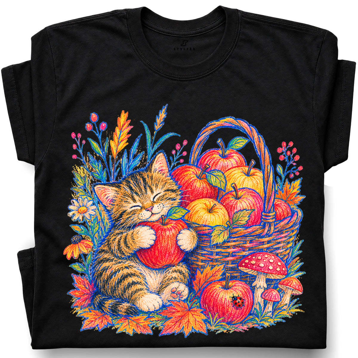 SF_COLOR=black; SF_ITEM=adult-t-shirt; SF_ROLE=gallery; Tabby Kitten Apple Basket Flowers T-Shirt Cozy Fall Cat Harvest Tee - Black Adult T-Shirt product image