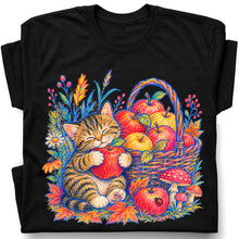 SF_COLOR=black; SF_ITEM=adult-t-shirt; SF_ROLE=gallery; Tabby Kitten Apple Basket Flowers T-Shirt Cozy Fall Cat Harvest Tee - Black Adult T-Shirt product image