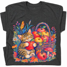 SF_COLOR=dark-heather; SF_ITEM=adult-t-shirt; SF_ROLE=gallery; Tabby Kitten Apple Basket Flowers T-Shirt Cozy Fall Cat Harvest Tee - Dark Heather Adult T-Shirt product image