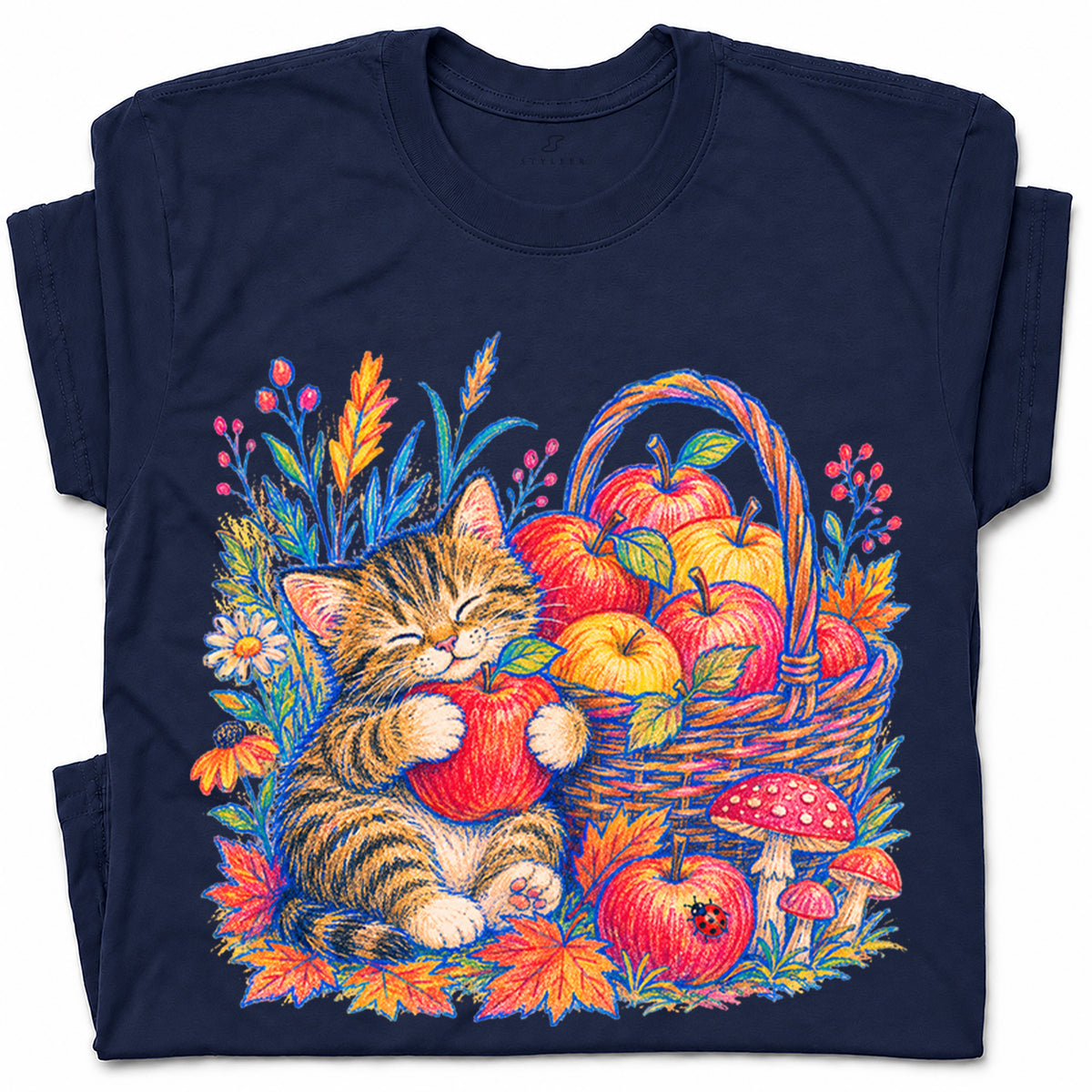 SF_COLOR=navy; SF_ITEM=adult-t-shirt; SF_ROLE=gallery; Tabby Kitten Apple Basket Flowers T-Shirt Cozy Fall Cat Harvest Tee - Navy Adult T-Shirt product image