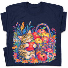 SF_COLOR=navy; SF_ITEM=adult-t-shirt; SF_ROLE=gallery; Tabby Kitten Apple Basket Flowers T-Shirt Cozy Fall Cat Harvest Tee - Navy Adult T-Shirt product image