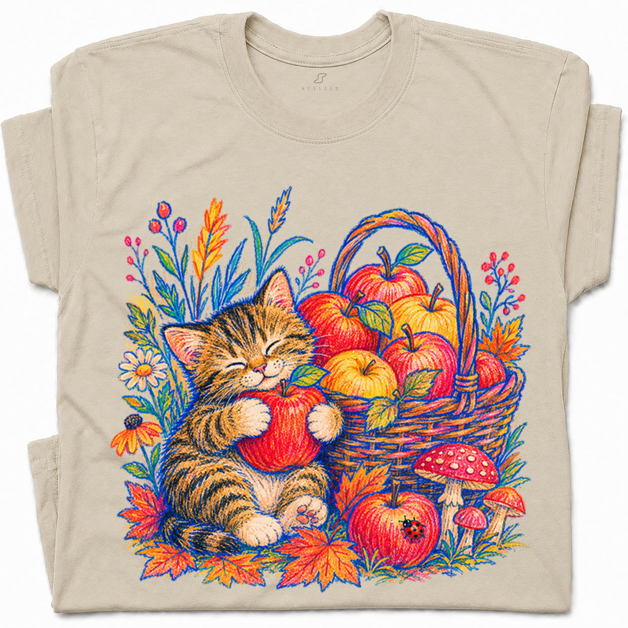 SF_COLOR=sand; SF_ITEM=adult-t-shirt; SF_ROLE=gallery; Tabby Kitten Apple Basket Flowers T-Shirt Cozy Fall Cat Harvest Tee - Sand Adult T-Shirt product image