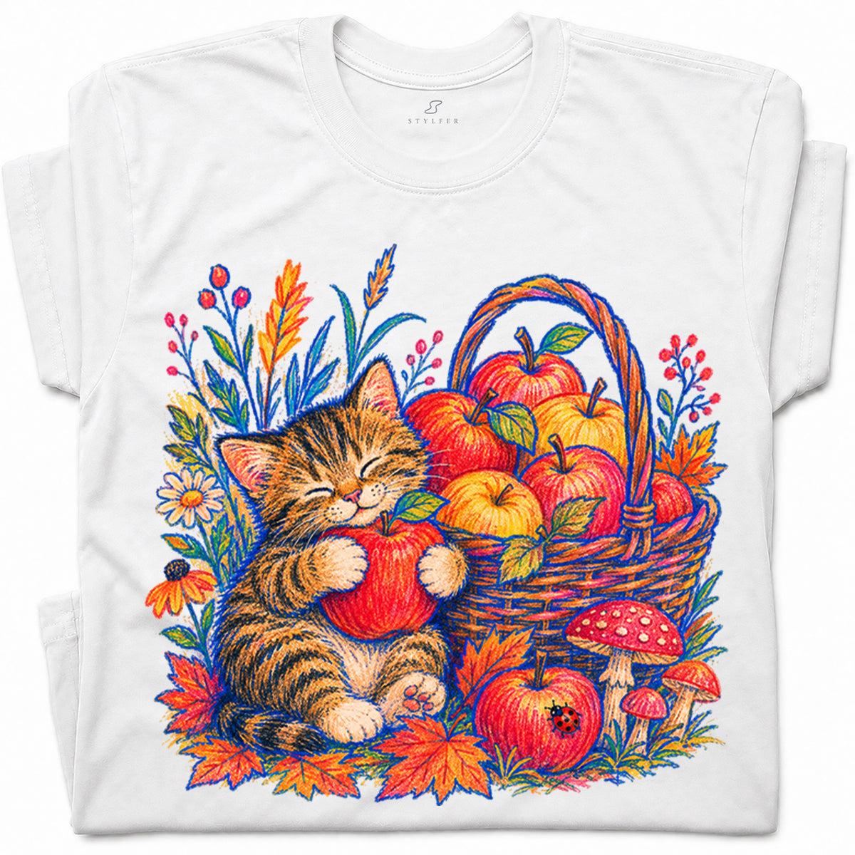 SF_COLOR=white; SF_ITEM=adult-t-shirt; SF_ROLE=gallery; Tabby Kitten Apple Basket Flowers T-Shirt Cozy Fall Cat Harvest Tee - White Adult T-Shirt product image