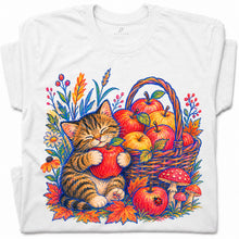 SF_COLOR=white; SF_ITEM=adult-t-shirt; SF_ROLE=gallery; Tabby Kitten Apple Basket Flowers T-Shirt Cozy Fall Cat Harvest Tee - White Adult T-Shirt product image