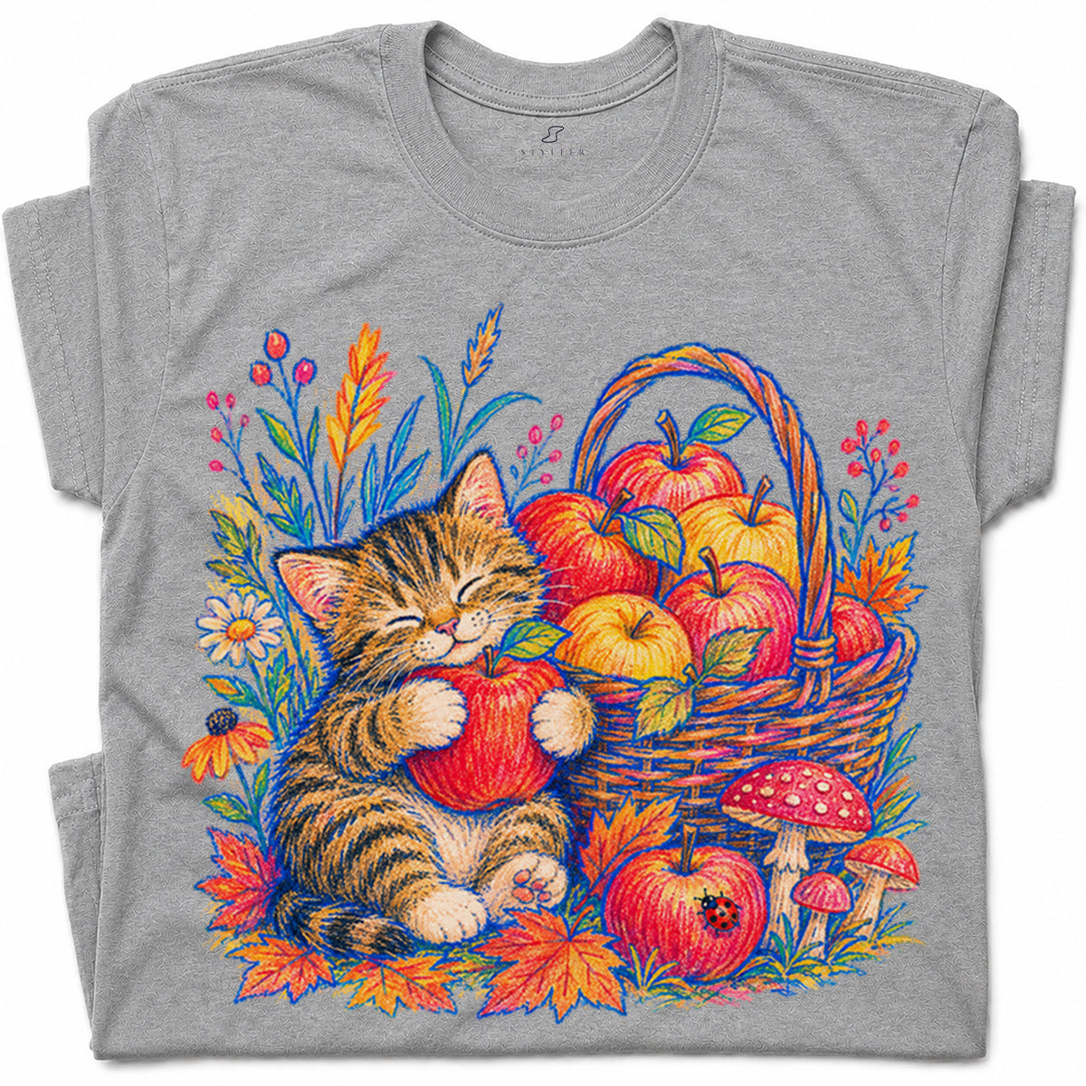 SF_COLOR=sport-grey; SF_ITEM=adult-t-shirt; SF_ROLE=gallery; Tabby Kitten Apple Basket Flowers T-Shirt Cozy Fall Cat Harvest Tee - Sport Grey Adult T-Shirt product image