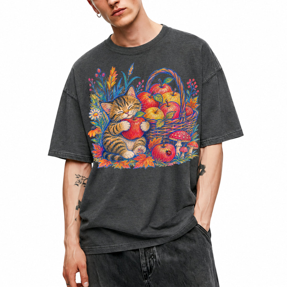 SF_COLOR=dark-heather; SF_ITEM=adult-t-shirt; SF_ROLE=main; Tabby Kitten Apple Basket Flowers T-Shirt Cozy Fall Cat Harvest Tee - Dark Heather Adult T-Shirt product image