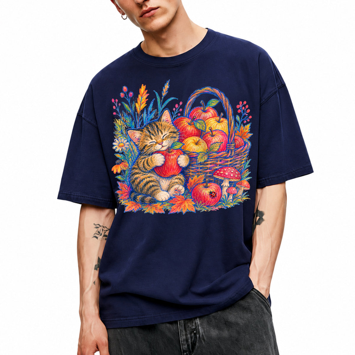 SF_COLOR=navy; SF_ITEM=adult-t-shirt; SF_ROLE=main; Tabby Kitten Apple Basket Flowers T-Shirt Cozy Fall Cat Harvest Tee - Navy Adult T-Shirt product image