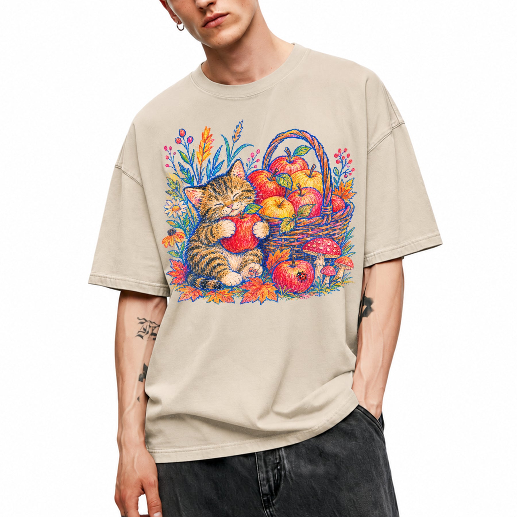 SF_COLOR=sand; SF_ITEM=adult-t-shirt; SF_ROLE=main; Tabby Kitten Apple Basket Flowers T-Shirt Cozy Fall Cat Harvest Tee - Sand Adult T-Shirt product image