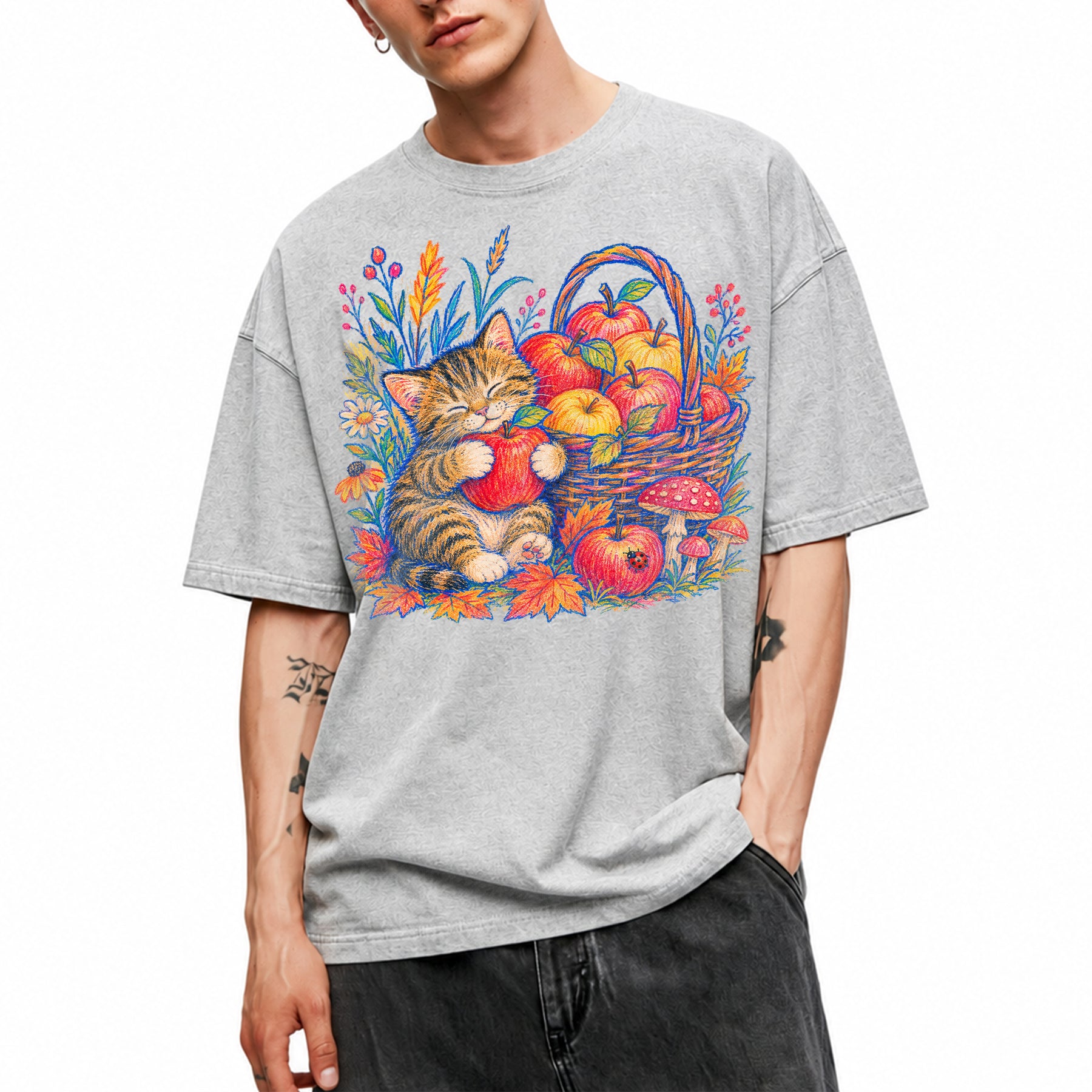 SF_COLOR=sport-grey; SF_ITEM=adult-t-shirt; SF_ROLE=main; Tabby Kitten Apple Basket Flowers T-Shirt Cozy Fall Cat Harvest Tee - Sport Grey Adult T-Shirt product image