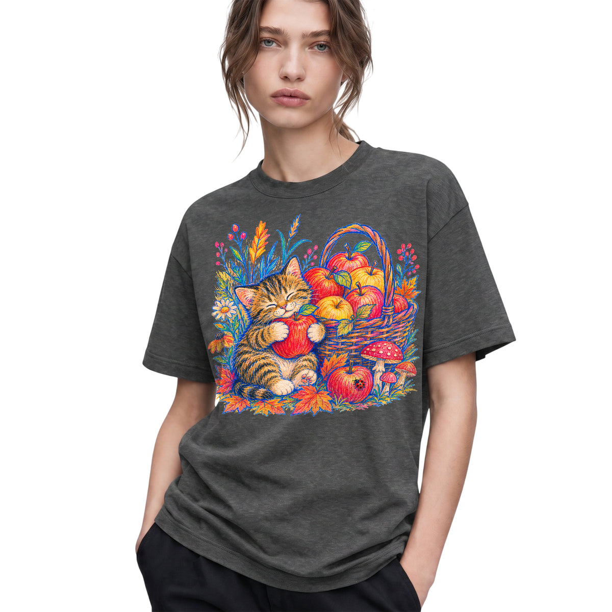 SF_COLOR=dark-heather; SF_ITEM=adult-t-shirt; SF_ROLE=gallery; Tabby Kitten Apple Basket Flowers T-Shirt Cozy Fall Cat Harvest Tee - Dark Heather Adult T-Shirt product image