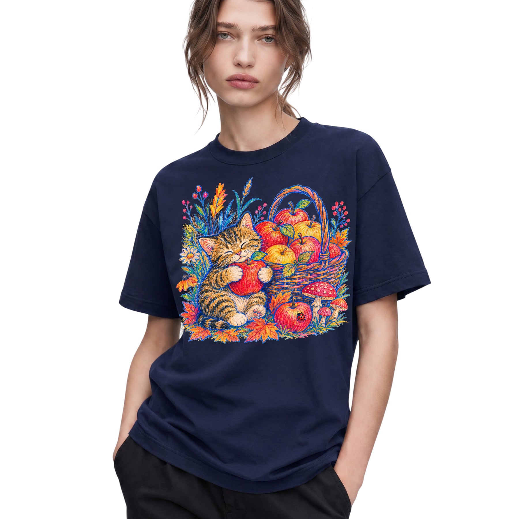 SF_COLOR=navy; SF_ITEM=adult-t-shirt; SF_ROLE=gallery; Tabby Kitten Apple Basket Flowers T-Shirt Cozy Fall Cat Harvest Tee - Navy Adult T-Shirt product image