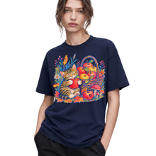 SF_COLOR=navy; SF_ITEM=adult-t-shirt; SF_ROLE=gallery; Tabby Kitten Apple Basket Flowers T-Shirt Cozy Fall Cat Harvest Tee - Navy Adult T-Shirt product image
