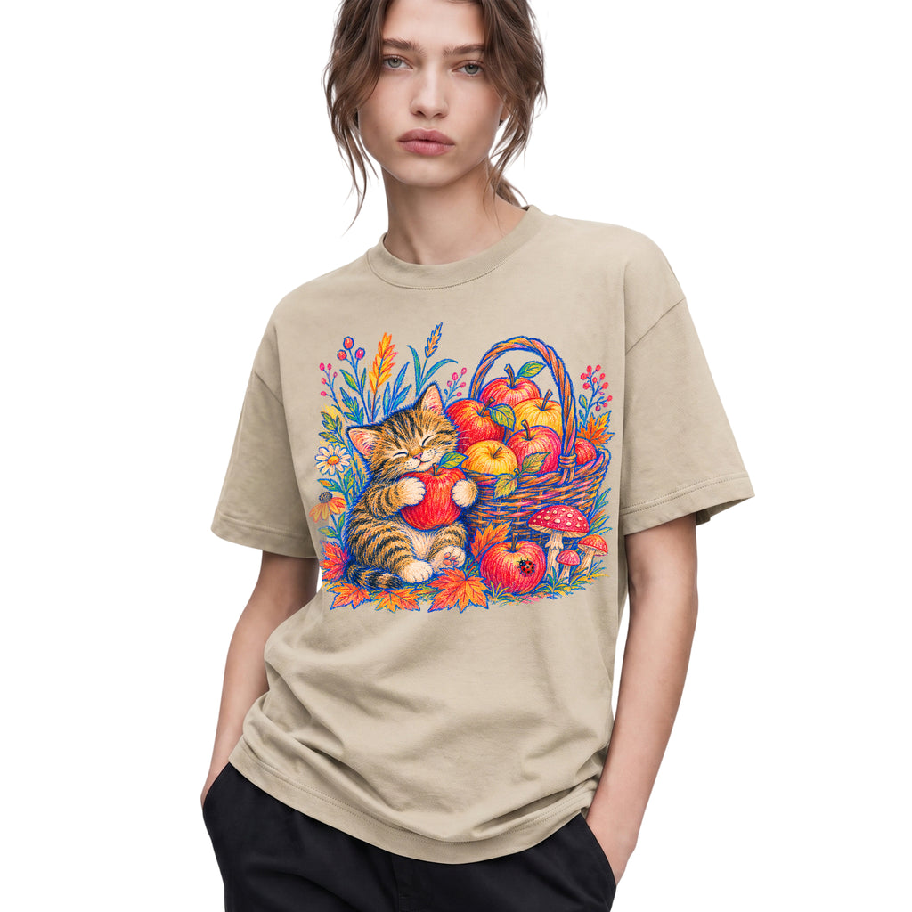 SF_COLOR=sand; SF_ITEM=adult-t-shirt; SF_ROLE=gallery; Tabby Kitten Apple Basket Flowers T-Shirt Cozy Fall Cat Harvest Tee - Sand Adult T-Shirt product image