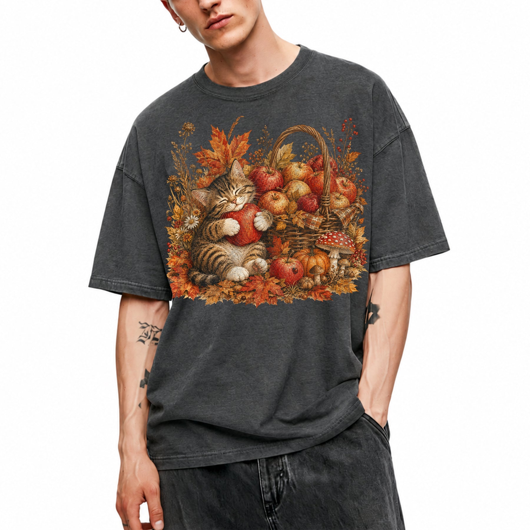 SF_COLOR=dark-heather; SF_ITEM=adult-t-shirt; SF_ROLE=main; Tabby Kitten Hugging Red Apple Basket T-Shirt Cozy Autumn Cat Harvest Tee - Dark Heather Adult T-Shirt product image