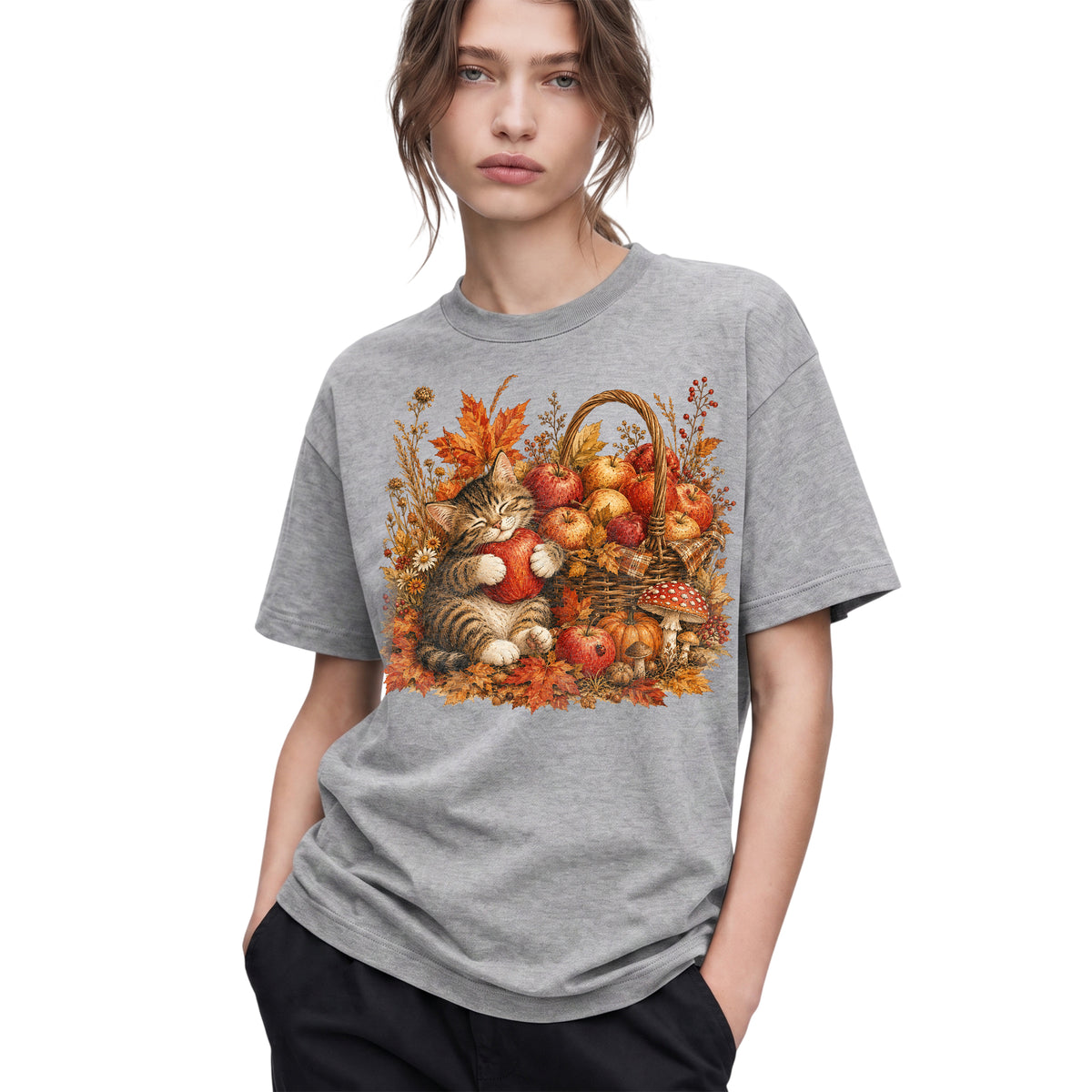 SF_COLOR=sport-grey; SF_ITEM=adult-t-shirt; SF_ROLE=gallery; Tabby Kitten Hugging Red Apple Basket T-Shirt Cozy Autumn Cat Harvest Tee - Sport Grey Adult T-Shirt product image