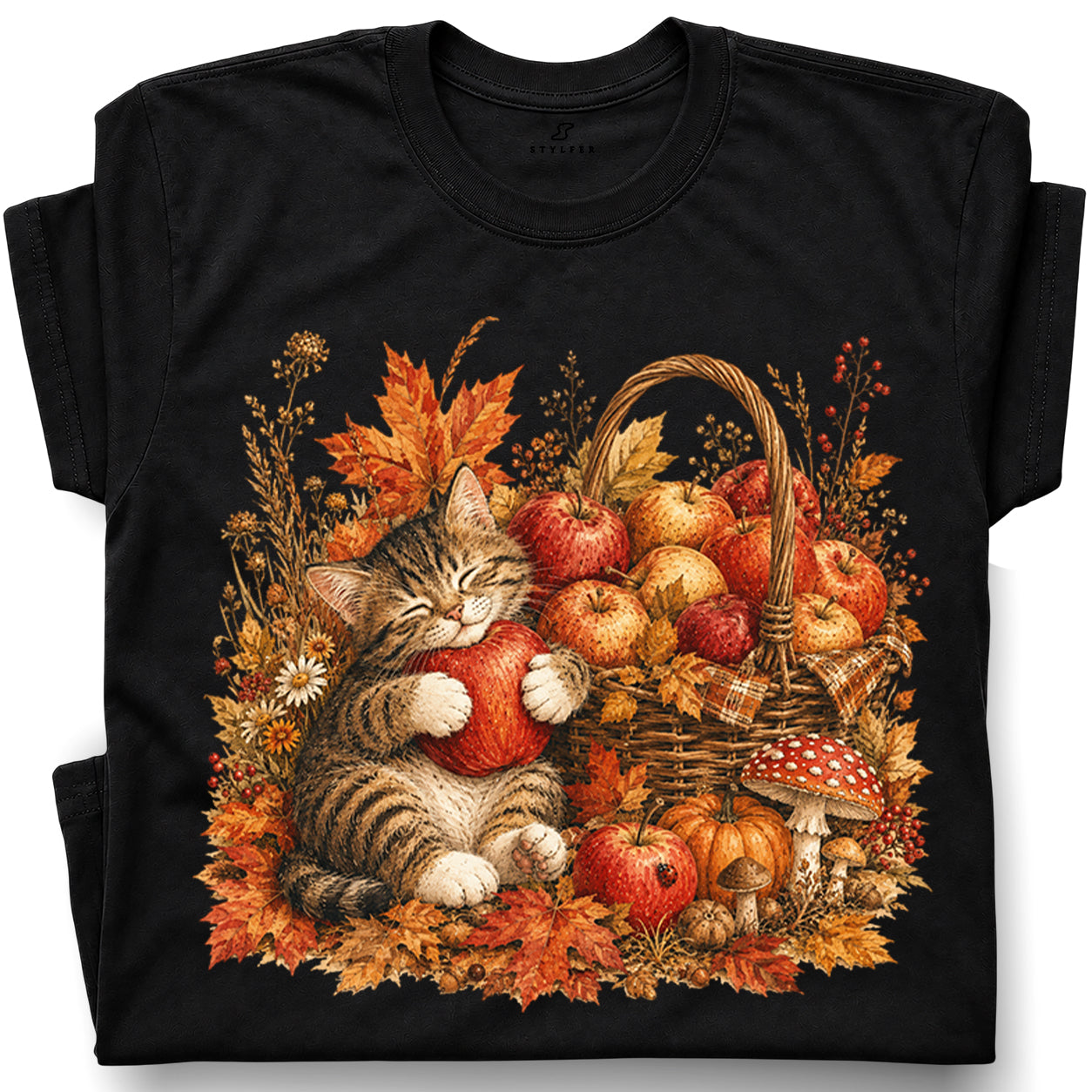 SF_COLOR=black; SF_ITEM=adult-t-shirt; SF_ROLE=gallery; Tabby Kitten Hugging Red Apple Basket T-Shirt Cozy Autumn Cat Harvest Tee - Black Adult T-Shirt product image