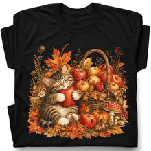 SF_COLOR=black; SF_ITEM=adult-t-shirt; SF_ROLE=gallery; Tabby Kitten Hugging Red Apple Basket T-Shirt Cozy Autumn Cat Harvest Tee - Black Adult T-Shirt product image