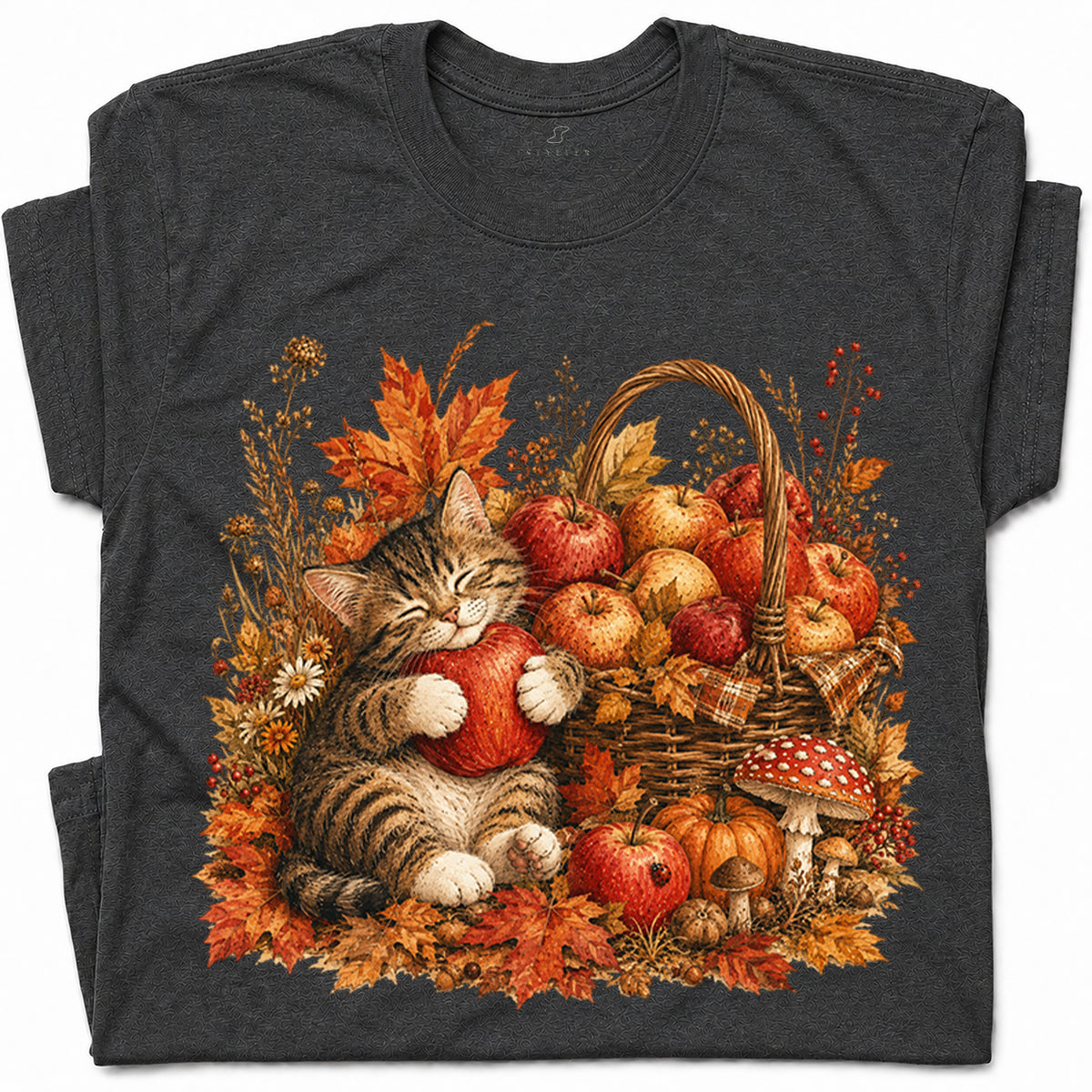 SF_COLOR=dark-heather; SF_ITEM=adult-t-shirt; SF_ROLE=gallery; Tabby Kitten Hugging Red Apple Basket T-Shirt Cozy Autumn Cat Harvest Tee - Dark Heather Adult T-Shirt product image
