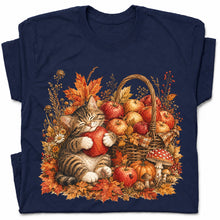 SF_COLOR=navy; SF_ITEM=adult-t-shirt; SF_ROLE=gallery; Tabby Kitten Hugging Red Apple Basket T-Shirt Cozy Autumn Cat Harvest Tee - Navy Adult T-Shirt product image