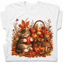 SF_COLOR=white; SF_ITEM=adult-t-shirt; SF_ROLE=gallery; Tabby Kitten Hugging Red Apple Basket T-Shirt Cozy Autumn Cat Harvest Tee - White Adult T-Shirt product image