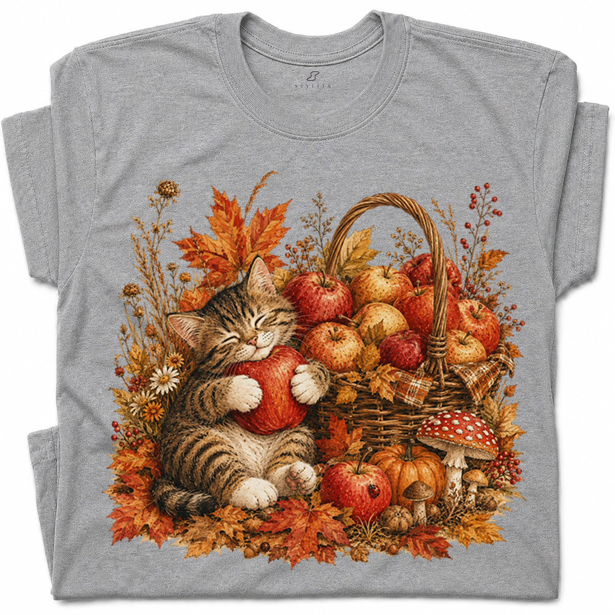 SF_COLOR=sport-grey; SF_ITEM=adult-t-shirt; SF_ROLE=gallery; Tabby Kitten Hugging Red Apple Basket T-Shirt Cozy Autumn Cat Harvest Tee - Sport Grey Adult T-Shirt product image