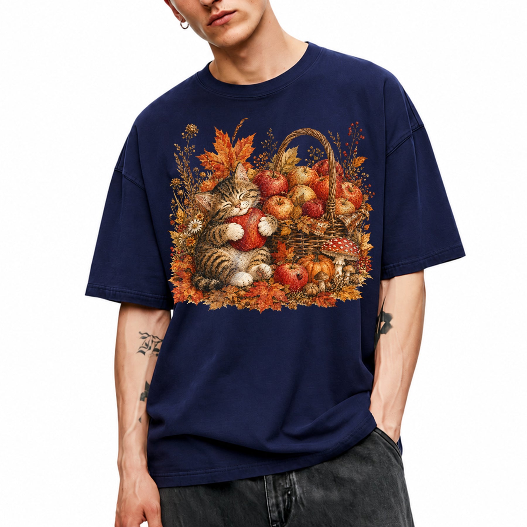 SF_COLOR=navy; SF_ITEM=adult-t-shirt; SF_ROLE=main; Tabby Kitten Hugging Red Apple Basket T-Shirt Cozy Autumn Cat Harvest Tee - Navy Adult T-Shirt product image