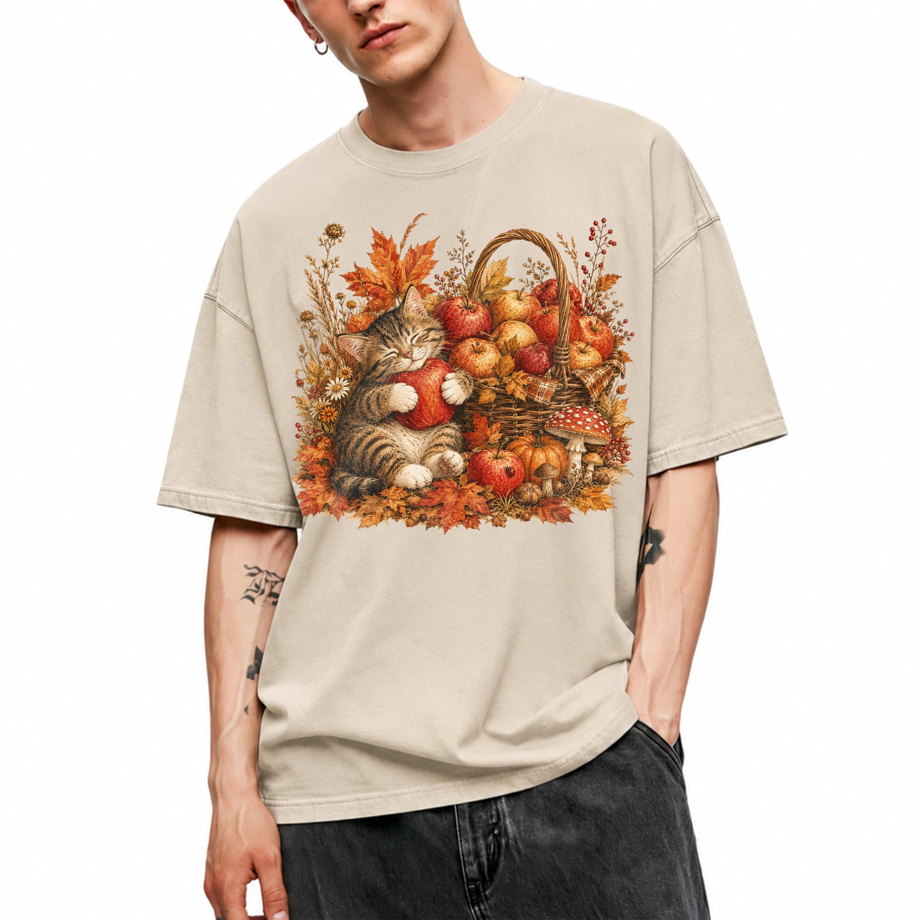 SF_COLOR=sand; SF_ITEM=adult-t-shirt; SF_ROLE=main; Tabby Kitten Hugging Red Apple Basket T-Shirt Cozy Autumn Cat Harvest Tee - Sand Adult T-Shirt product image