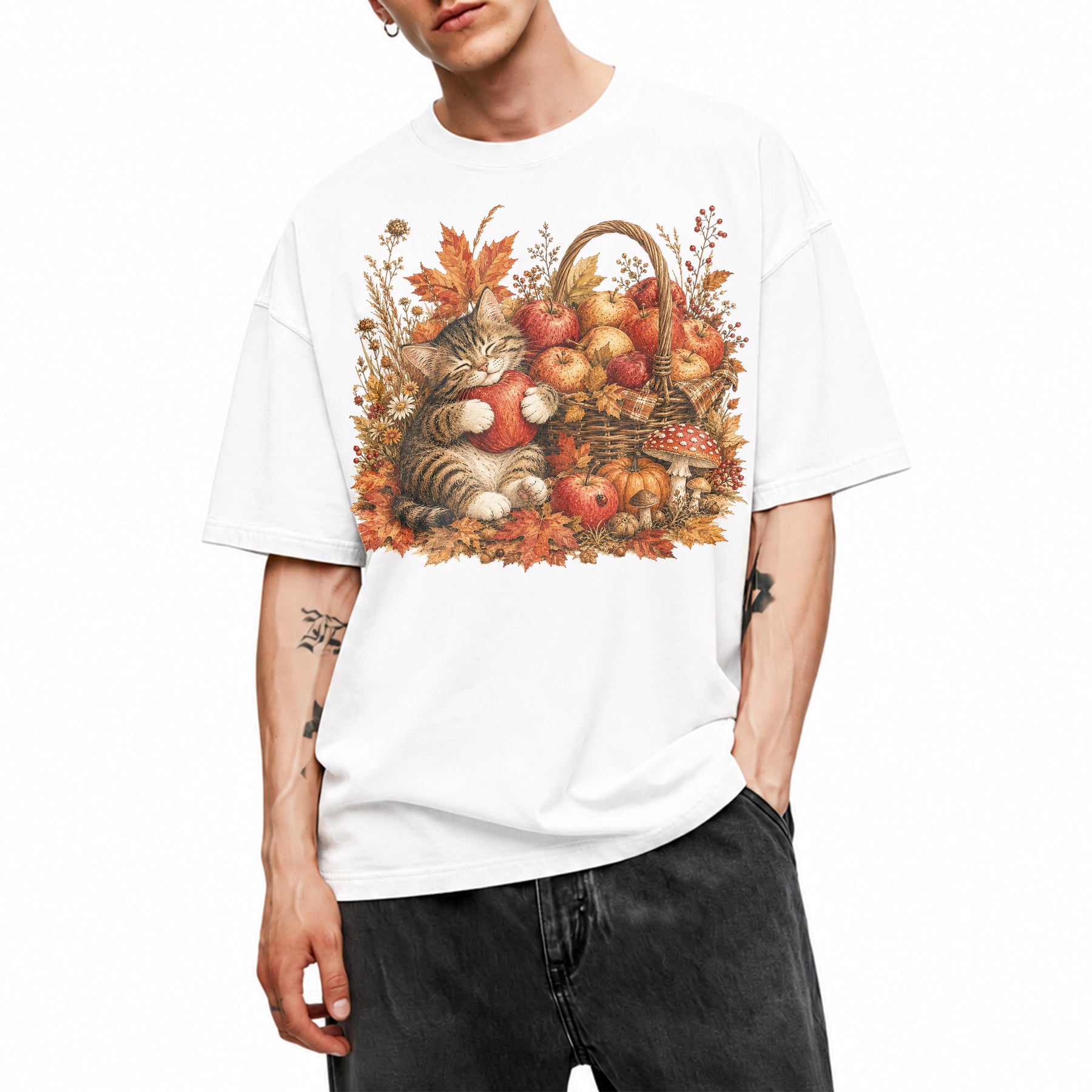 SF_COLOR=white; SF_ITEM=adult-t-shirt; SF_ROLE=main; Tabby Kitten Hugging Red Apple Basket T-Shirt Cozy Autumn Cat Harvest Tee - White Adult T-Shirt product image