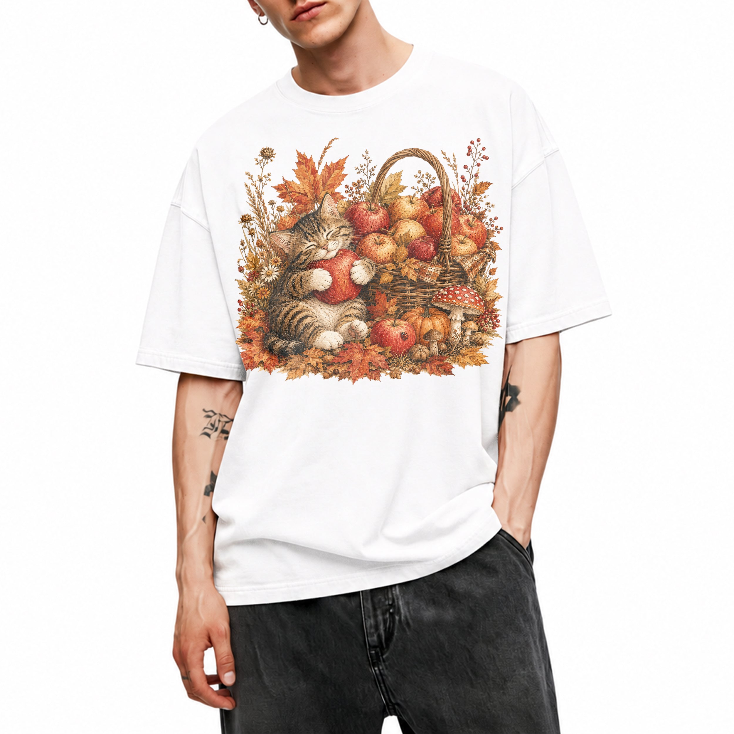 SF_COLOR=white; SF_ITEM=adult-t-shirt; SF_ROLE=main; Tabby Kitten Hugging Red Apple Basket T-Shirt Cozy Autumn Cat Harvest Tee - White Adult T-Shirt product image