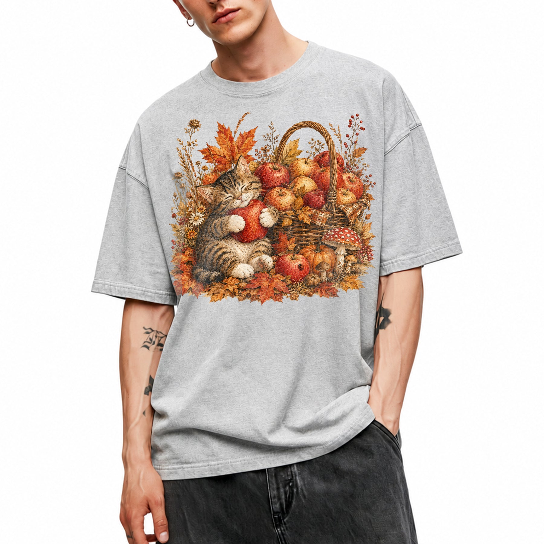 SF_COLOR=sport-grey; SF_ITEM=adult-t-shirt; SF_ROLE=main; Tabby Kitten Hugging Red Apple Basket T-Shirt Cozy Autumn Cat Harvest Tee - Sport Grey Adult T-Shirt product image